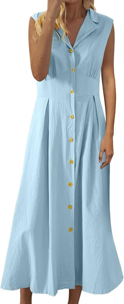 Women's Summer Cotton Linen Sleeveless Button Down Long Shirt Dress Casual Lapel V Neck A-Line Ma... | Amazon (US)