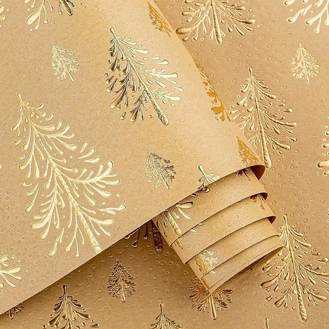 Flyhill Kraft Christmas Wrapping Paper,Gold Lusury 3D Embossed Foil Christmas Trees Wrap Paper fo... | Amazon (US)