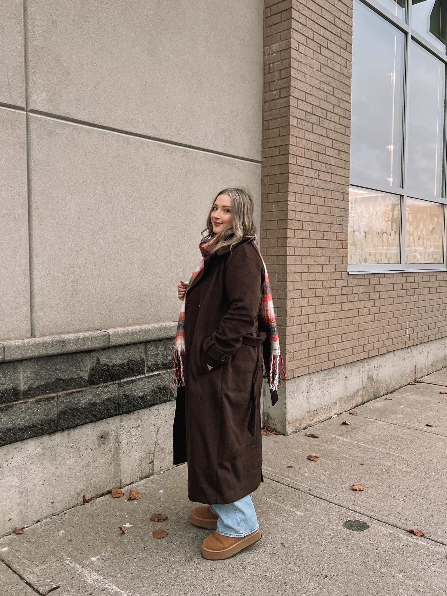 Casual winter outfit! Wearing my usual size L in the wool trench coat - love the dark chocolate brown! Also wearing L in the sweater. Wearing 32 in the jeans, could have done a 31 but I like a looser fit. Ugg look for less boots are super comfy and such good quality! I’m a 9.5-10 shoe and wear a 10 in these. Linked similar festive plaid scarves


#LTKstyletip #LTKwinter #LTKmidsize