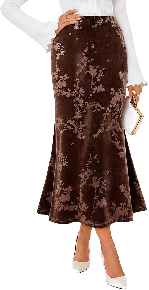 MEROKEETY Women's Fall Floral Velvet Maxi Skirt | Floral Velvet Textured, Mermaid Fishtail Hem, E... | Amazon (US)