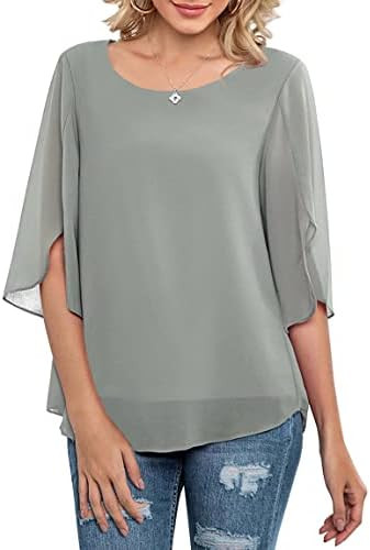 Neineiwu Womens Casual Scoop Neck Loose Top 3/4 Sleeve Chiffon Blouse Shirt Tops | Amazon (US)