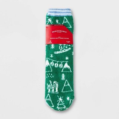 Kids' 2pk Santa Ski Scene Cozy Crew Socks with Gift Card Holder - Wondershop™ Green/White M/L | Target