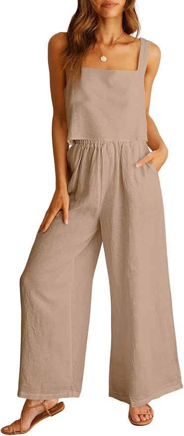 ANRABESS Women's 2 Piece Outfits Linen Pants Jumpsuit Matching Lounge Set Casual Summer Beach Vac... | Amazon (US)