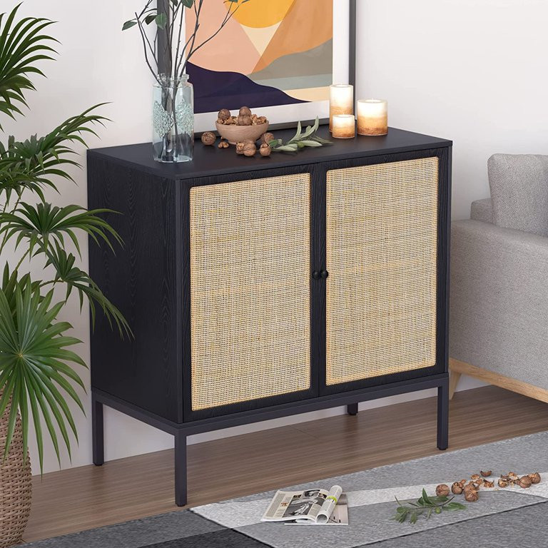 Black Boho-Style Sideboard with Handmade Natural Rattan Doors, Rattan Cabinet Console Table Stora... | Walmart (US)