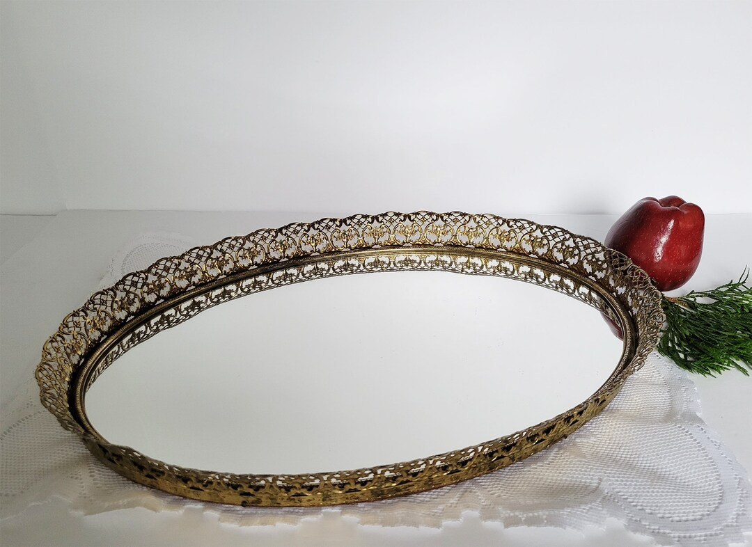 Vtg Large Gold Tone Oval Vanity Mirrored Filigree Trim Tray or - Etsy | Etsy (US)