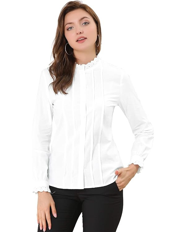 Allegra K Women's Mock Neck Blouse Ruffle Work Office Cotton Pleated Button Up Shirt | Amazon (US)