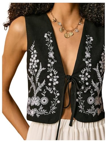 GORGLITTER Women's Boho Vest Floral Embroidered Tie Front V Neck Sleeveless Vintage Trendy Cowgirls Outfits Cardigan Black X-Small | Amazon (US)