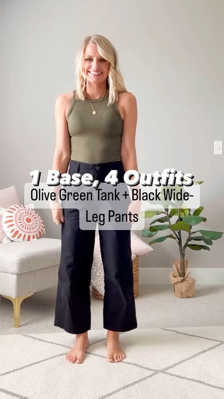 1 Base, 4 Outfits! How to style an olive green tank top and black wide leg pants 4 ways for fall! 

#LTKunder100 #LTKSeasonal #LTKstyletip