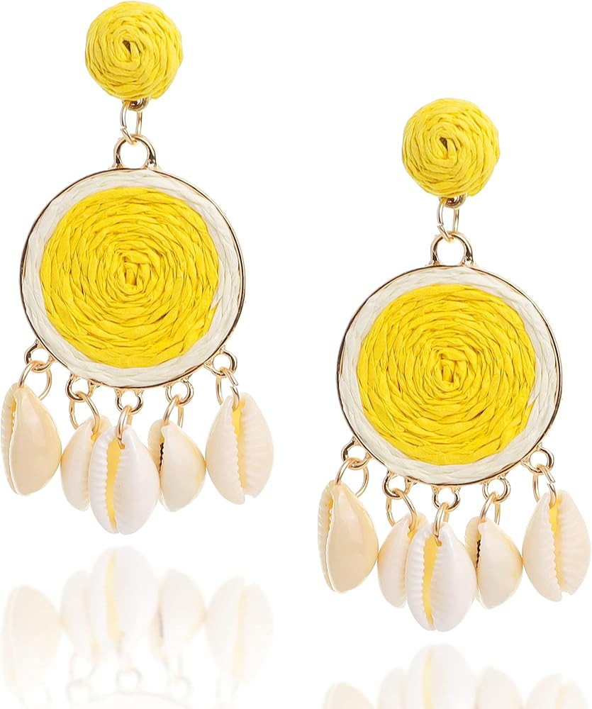 JeanBeau Boho Raffia Shell Dangle Statement earrings for Women – Large Handmade Bohemian Colorf... | Amazon (CA)