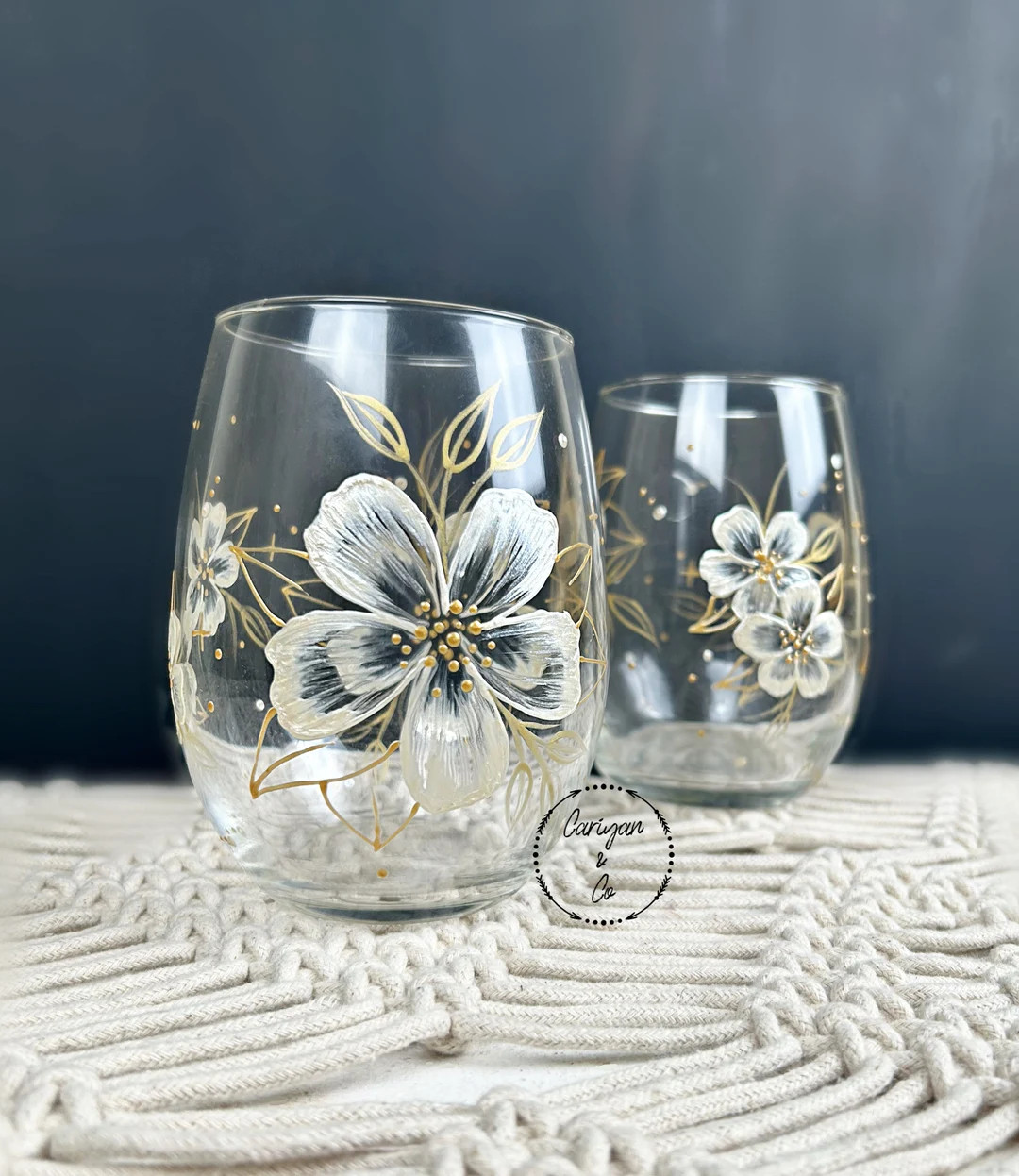 Hand Painted Floral Stemless Wine Glass, Winter Wine Glass, Champagne Flute - Etsy | Etsy (US)
