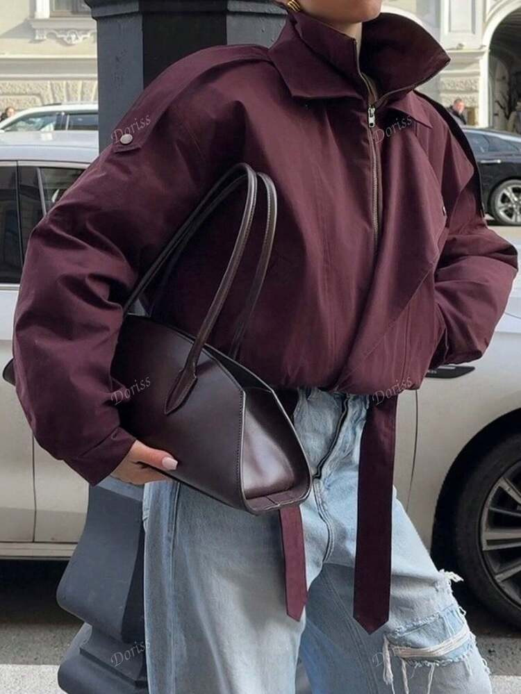 Doriss Double-Layer Stand-Up Collar Flip Button Waist Cinching Strap Coat, Academic Atmosphere, H... | SHEIN