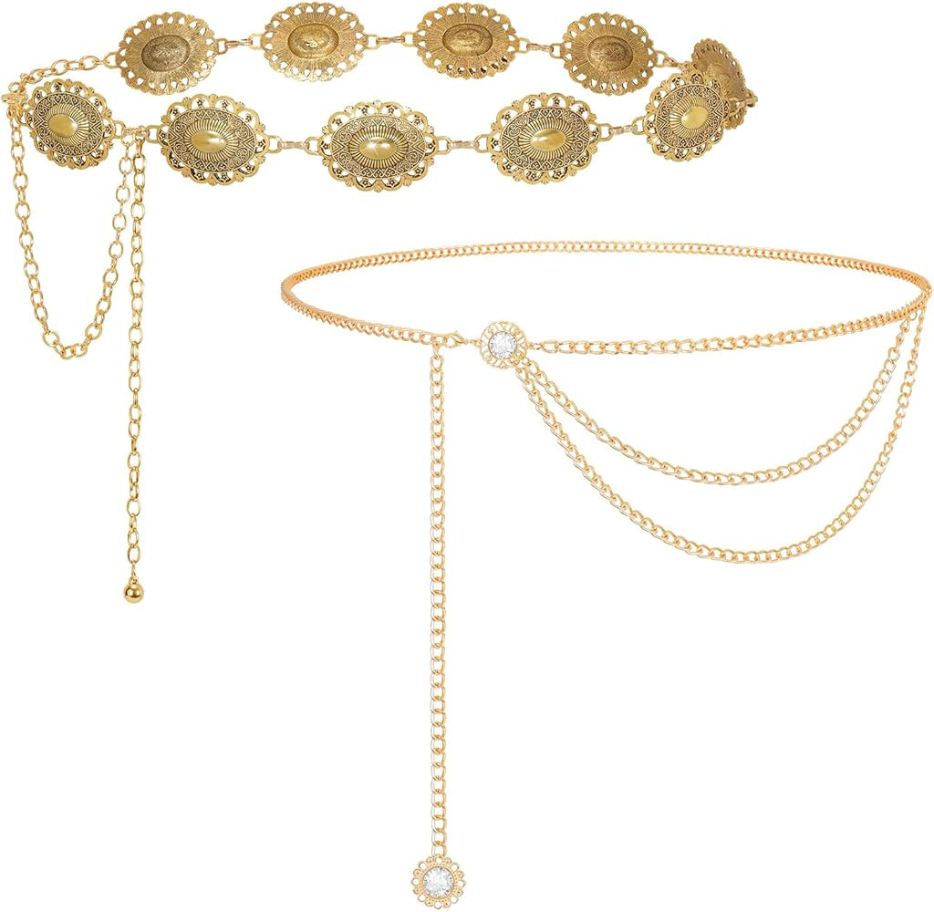 LEACOOLKEY 2PCS Western Concho Chain Belt for Women Waist Chain Belt Cowgirl Belt for Concert Out... | Amazon (CA)