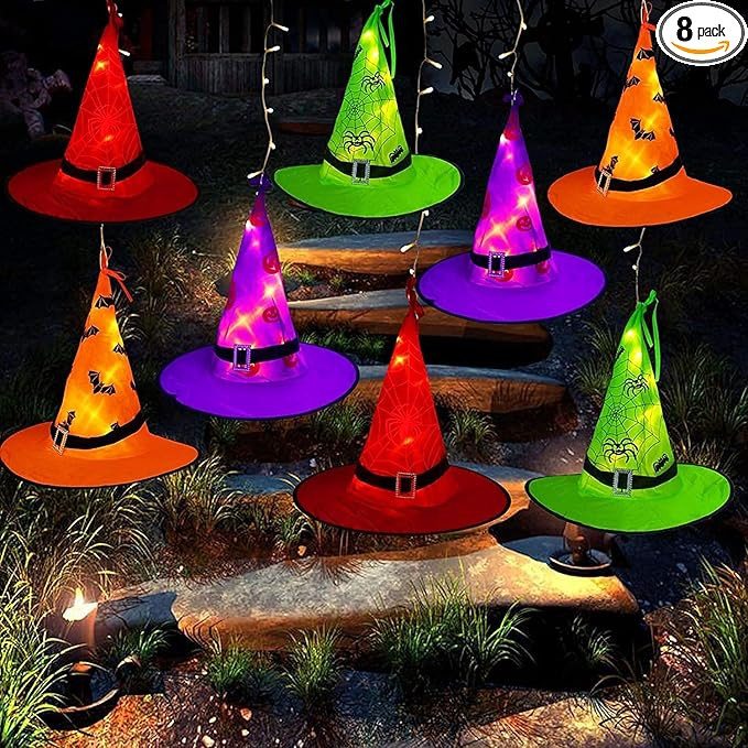 Halloween Decorations Lighted Witch Hats, 8Pcs Hanging Glowing Witch Hats 44ft Halloween Outdoor ... | Amazon (US)