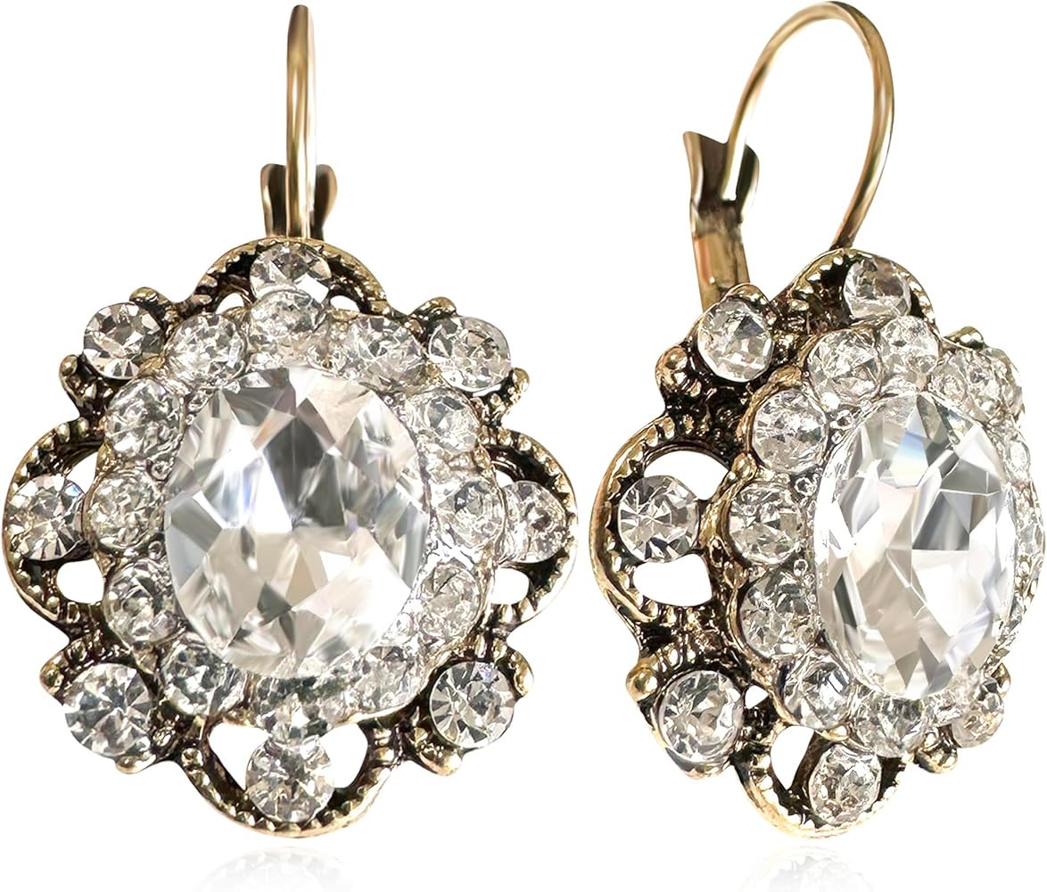 GPASTG Handmade Bohemian Vintage Gold Sparkly Crystal Round Flower Leverback Earrings Cute Rhines... | Amazon (US)