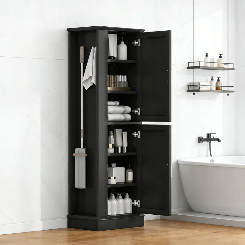Tall Bathroom Storage Cabinet, Freestanding Storage Cabinet With Hook And Adjustable Shelf, MDF B... | Wayfair North America