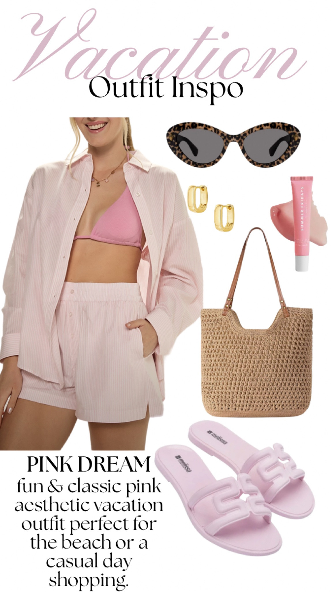 Vacation outfit idea perfect for the beach or a casual day shopping or day party. Loving the pink tones and woven crochet bag! Affordable pieces you will love this summer 🥰  #vacationoutfit #summeroutfit #beachoutfit #pinkoutfit #pink #tortise #crochetbag #pinkaesthetic #summer2025 #summerbreak #vacationvibes 

#LTKtravel #LTKswim #LTKSeasonal