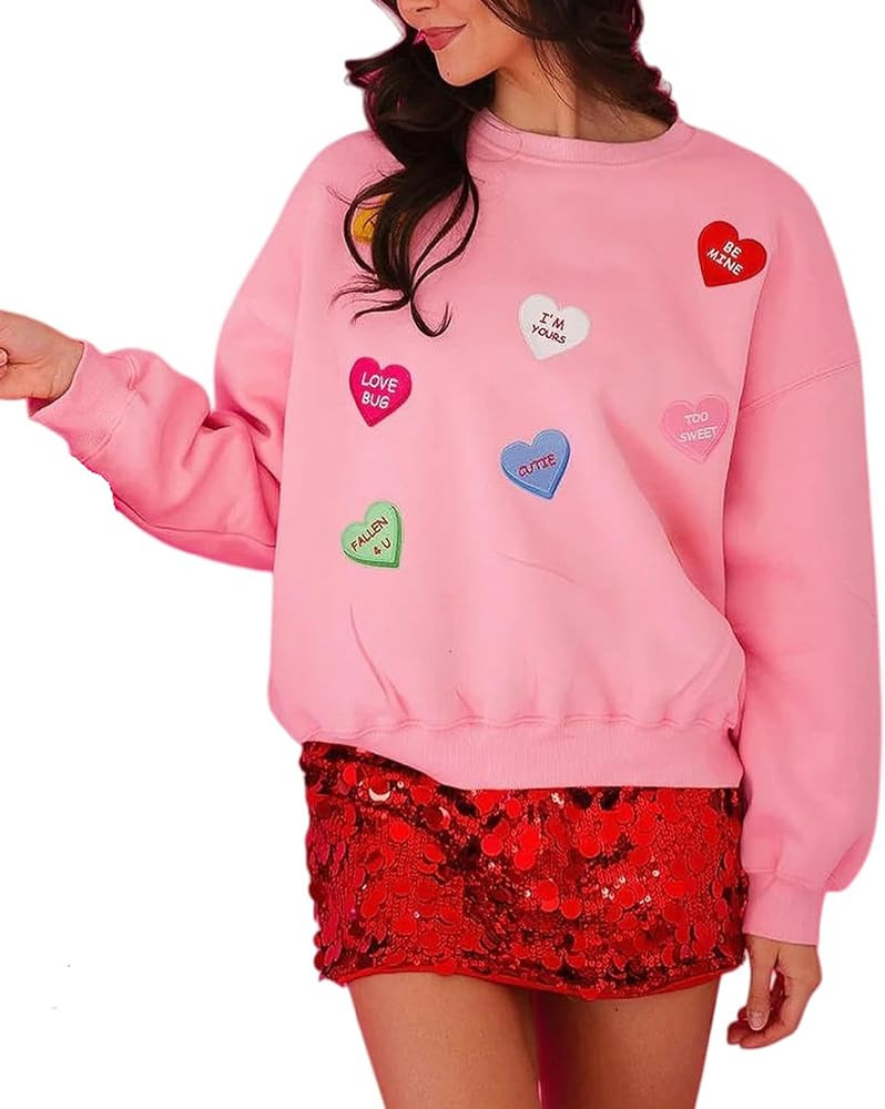 UAURORAO Women Cute Sequin Sweatshirt Holiday Sparkly Love Heart Sweater Shirts Glitter Long Slee... | Amazon (US)