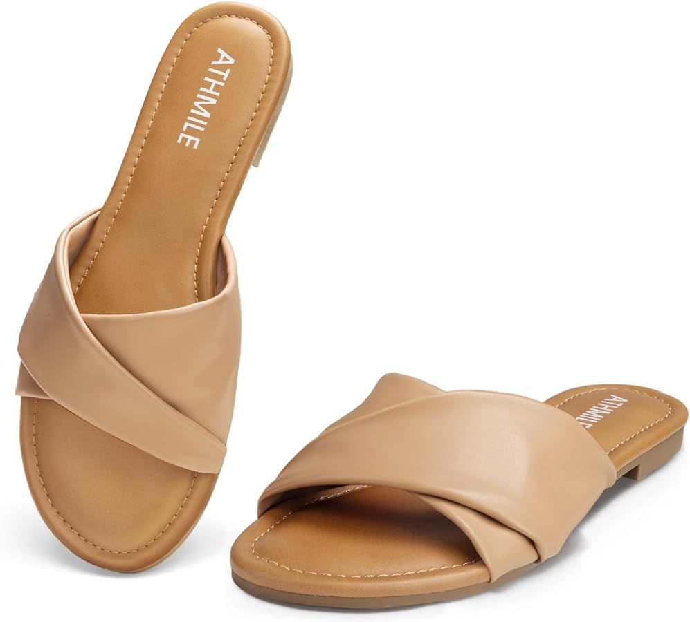 ATHMILE Sandals Women Dressy Summer Flat Comfortable Fashion Beach Cute Ladies Slides Leather Cas... | Amazon (US)
