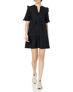 Goodthreads Women's Washed Linen Elbow Sleeve Split Neck Tiered Dress | Amazon (US)