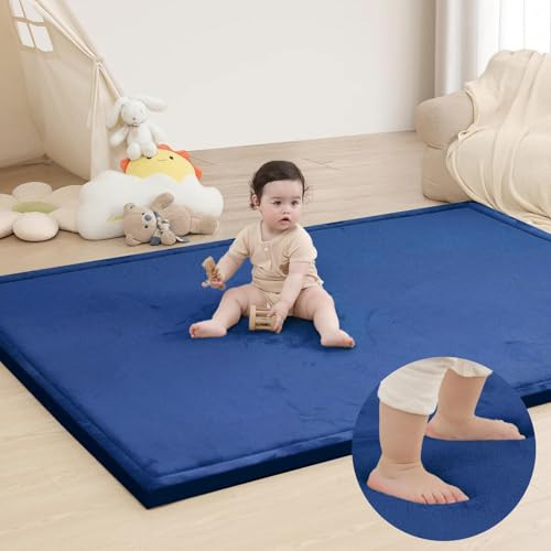 Huloo Sleep Ultra Soft Baby Play Mat for Floor, 1.3" Thick Elasti-Foam 65x50 Play Mat for Playpen,Water-Repellent Coral Velvet for Tummy Time, Non-Slip Backing,Safe for Toddlers & Infants （Dark Blue） | Amazon (US)