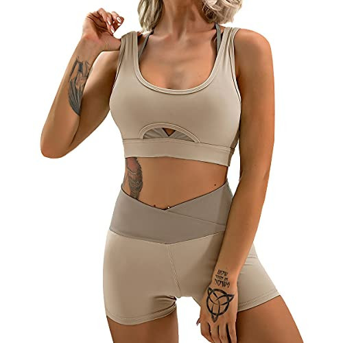 ABOCIW Workout Oufits for Women 2 Piece Sexy Layered Cut Out Sport Bra and High Waist Warap V Waist Running Shorts Gym Yoga Sets Fitness Activewear #1 Khaki Small | Amazon (US)
