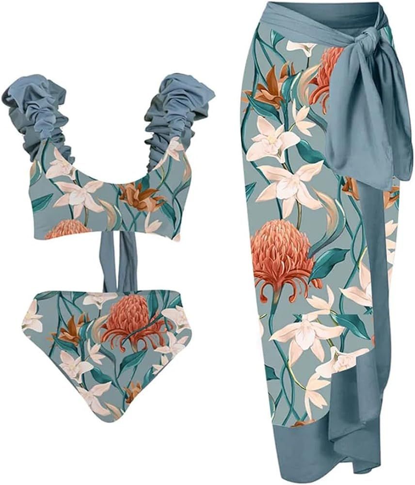 Women 3 Piece Swimsuit Ruffle Floral Print Vintage Bikini Swimwear with Cover up Wrap Summer Holi... | Amazon (US)