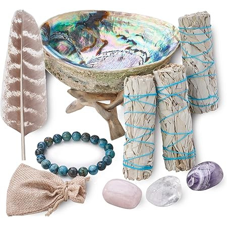 Home Cleansing & Smudging Kit with White Sage, Palo Santo, Abalone & Stand, Smudge Feather & Guid... | Amazon (US)