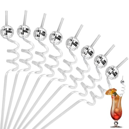 26 Pcs Mirror Disco Ball Straws Plastic Cocktail Drinks Straws Reusable 70s Favor Decorative Straw for Bachelorette Party Decorations Birthday Use (silver) | Amazon (US)