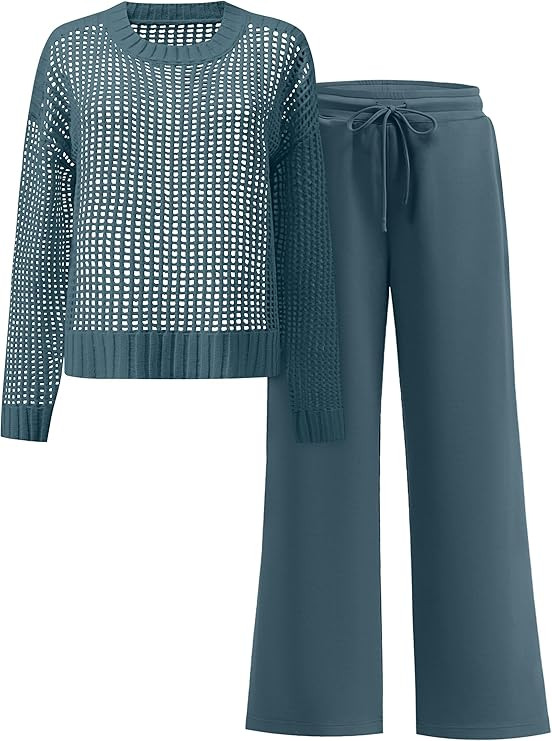 ANRABESS Womens 2 Piece Outfits Crochet Sheer Knit Sweater Top Wide Leg Pants Lounge Set Sweatsui... | Amazon (US)