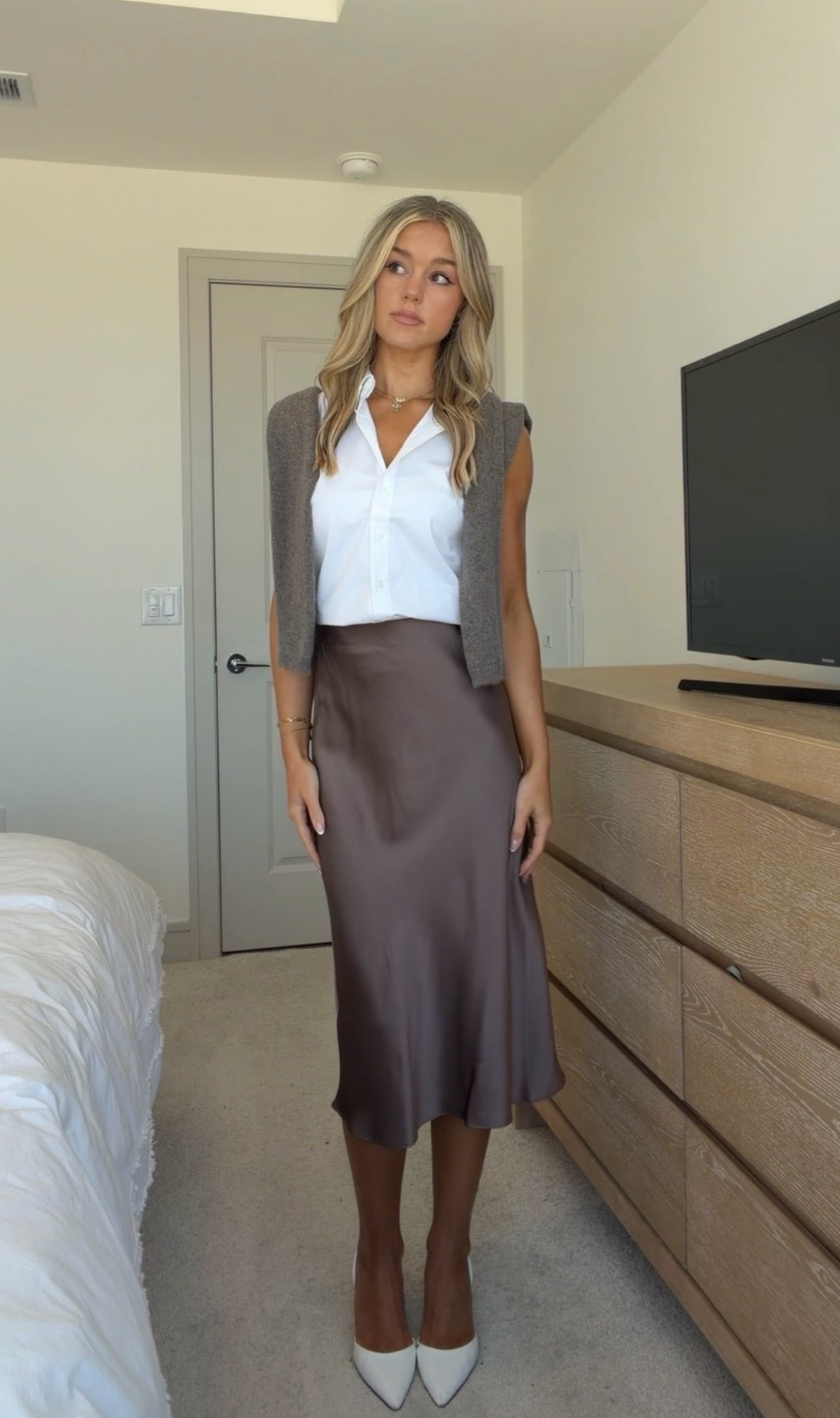 fall transition office outfit styling silk midi skirt 🤍

#LTKWorkwear