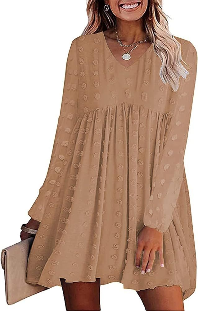 KIRUNDO Womens Dresses 2023 Fall Long Sleeve Mini Dress V Neck Flowy Casual Swiss Dot Loose Babyd... | Amazon (US)