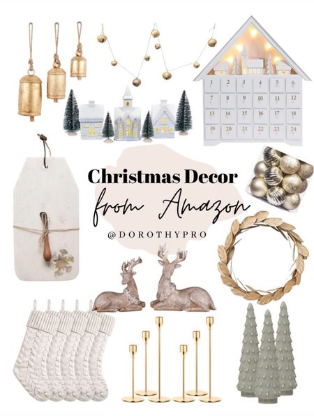 Elegant Christmas decor from Amazon! Beautiful gold and white holiday home decor finds. Decorate your living room, fireplace, mantel, stairway, Christmas tree, etc! Linking my fave gold bells, Christmas village houses, advent calendar, champagne ornaments, knit stockings, gold candelabras,  snowflake cheese board, hostess gift, resin Christmas tree decor, etc! #ltkseasonal #homedecor #holidayhome #christmasdecorations 

#LTKhome #LTKGiftGuide #LTKHoliday
