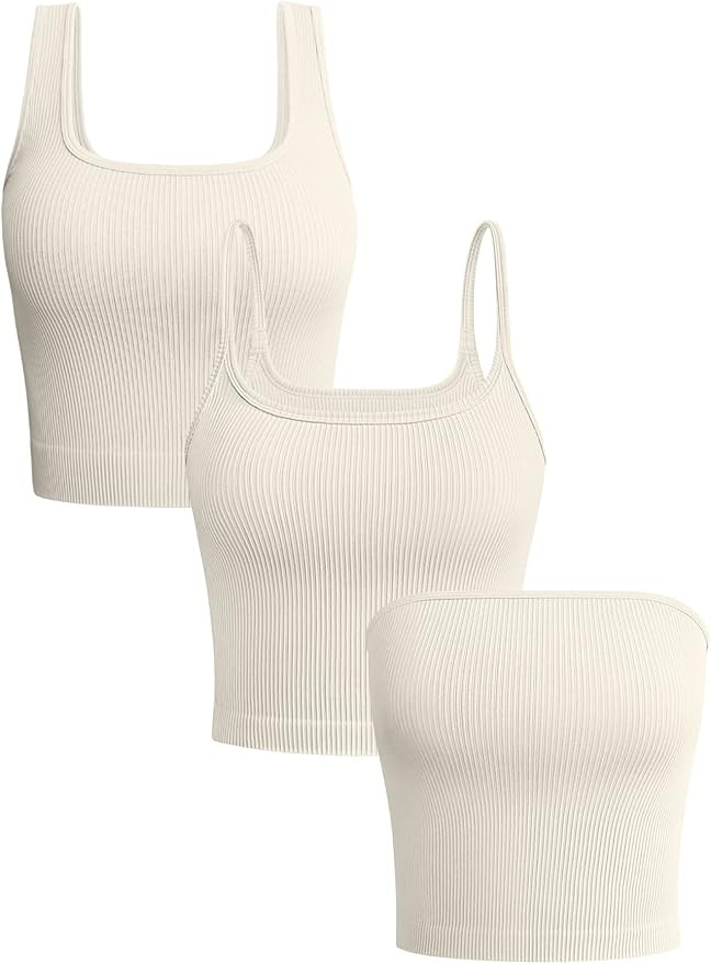 OQQ Women's 3 Piece Crop Top Ribbed Seamless Workout Tank Tops Strapless Tube Tops Exercise Crop ... | Amazon (US)