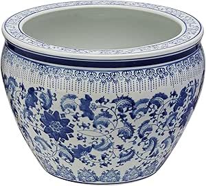 Oriental Furniture 14" Floral Blue & White Porcelain Fishbowl | Amazon (US)