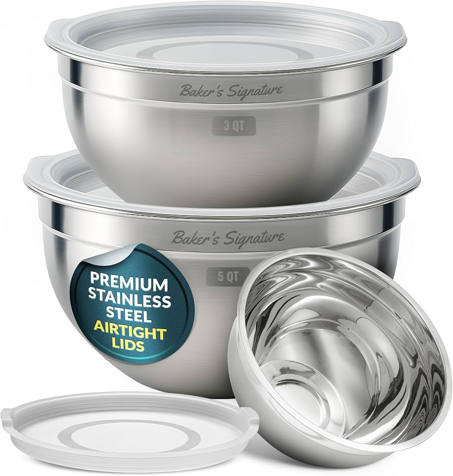 Baker's Signature Stainless Steel Mixing Bowls With Lid, Metal Mixing Bowl Set Of 3, Nesting Set ... | Amazon (US)