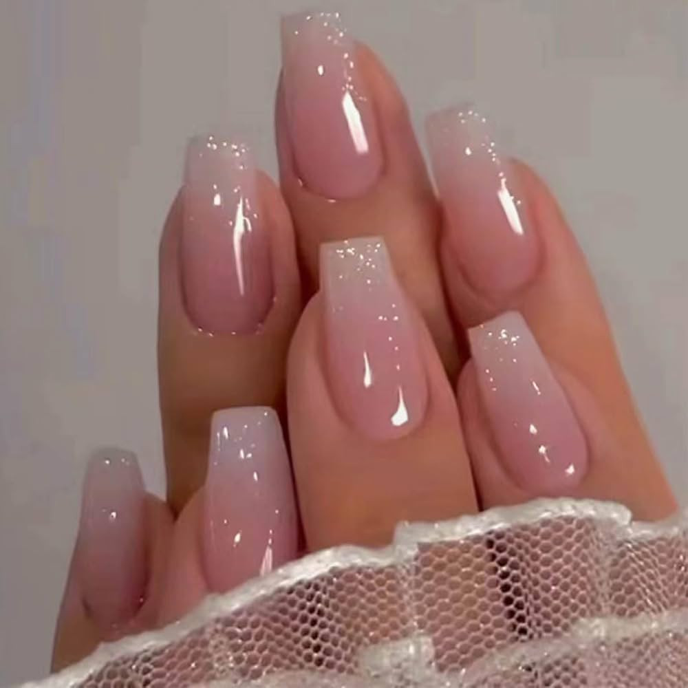 Hkanlre Bling Coffin Press on Nails Fake Nails Tips Full Cover Medium False Gradient Nails for Wo... | Amazon (US)
