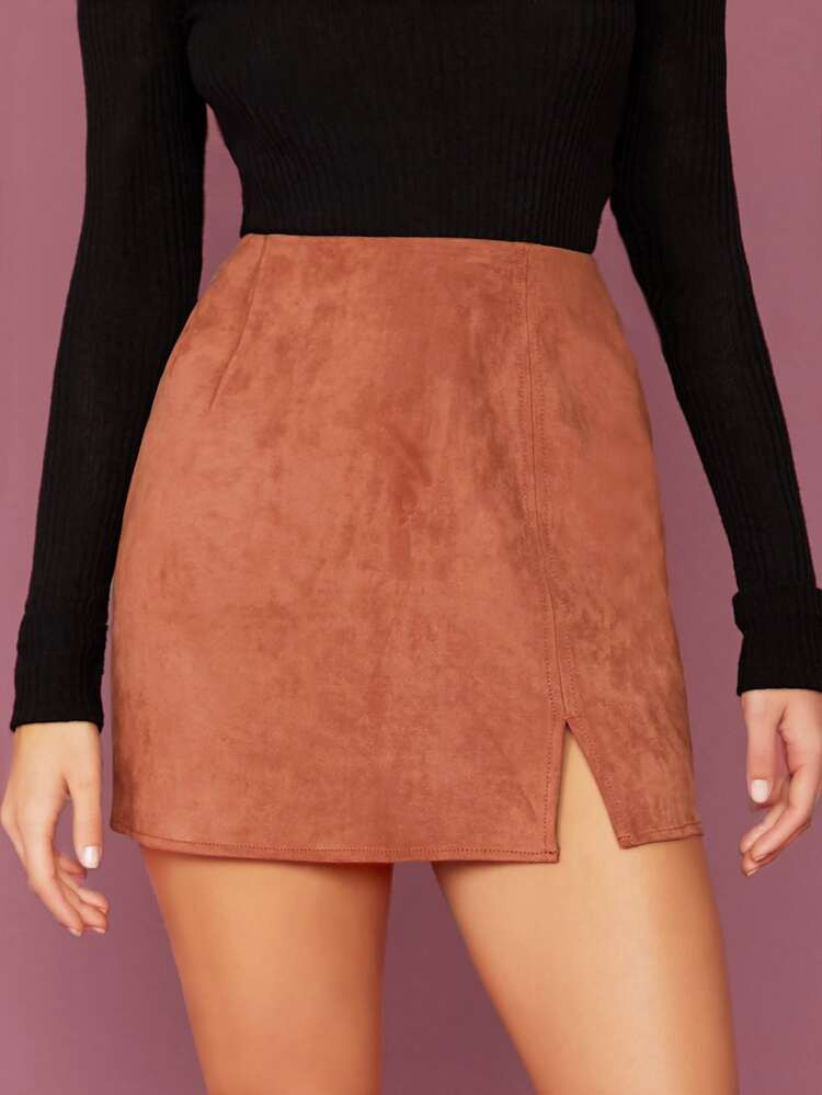 Back Zip Side Slit Faux Suede Mini Skirt | SHEIN