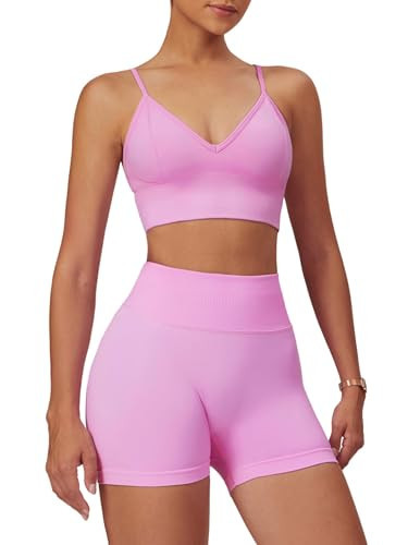 ABOCIW Workout Sets for Women Gym Impact Shorts Scrunch Butt Lifting High Waist Seamless Shorts Deep V Neck Sports Bra 2 Piece Yoga Outfits Baby Pink X-Large | Amazon (US)