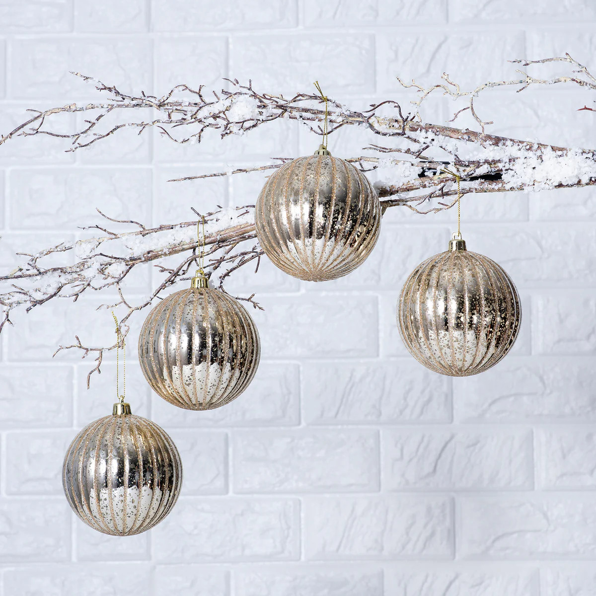 Champagne Gold Glitter Mercury-Look Christmas Ball Ornaments - Set of 4 | Darby Creek Trading