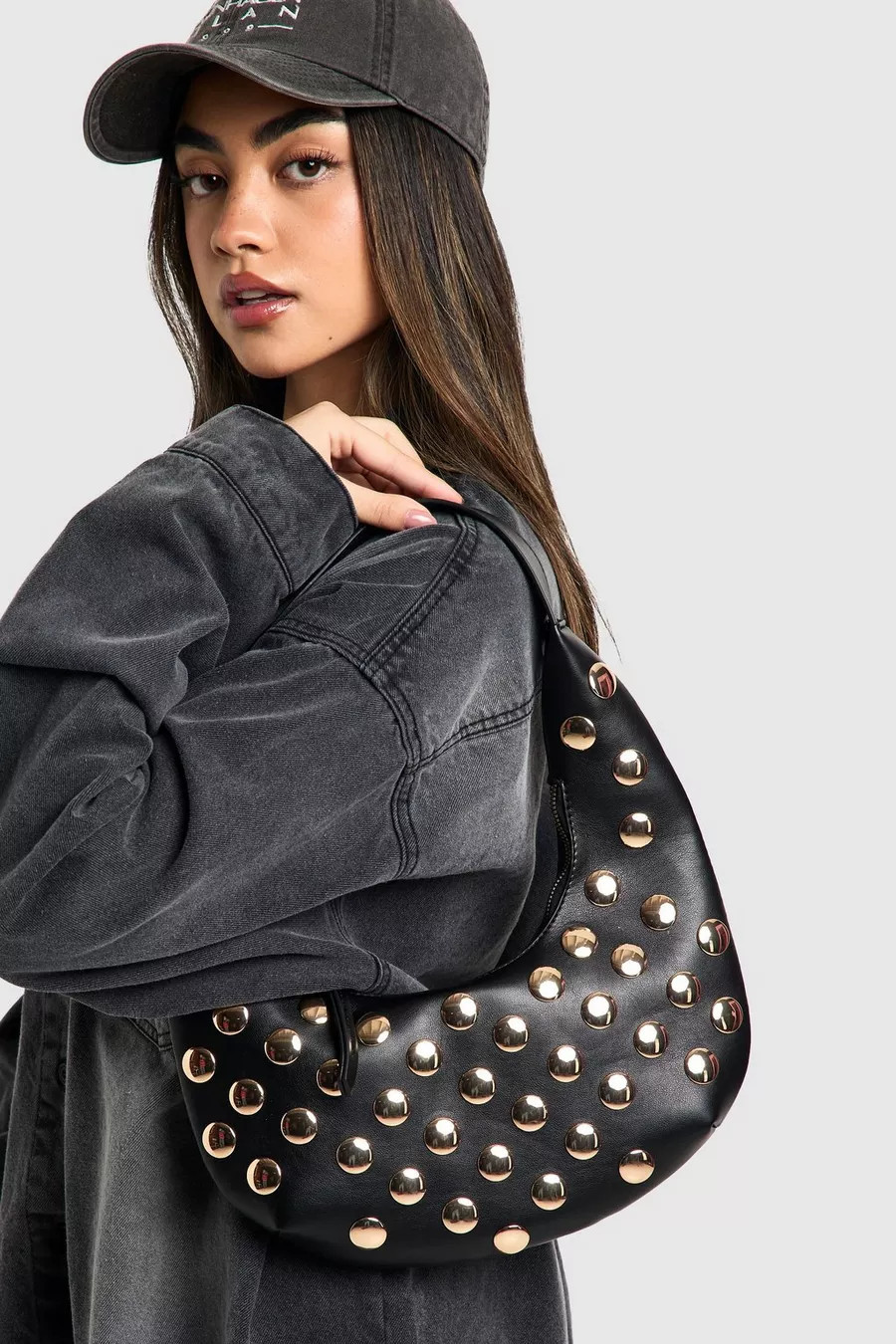 Half Moon Studded Leather Look Shoulder Bag | boohoo (US & Canada)