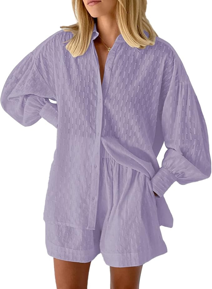 Fixmatti 2 Piece Outfits Long Sleeve Button Down Shirt and Shorts Sweatsuit Lounge Sets | Amazon (US)