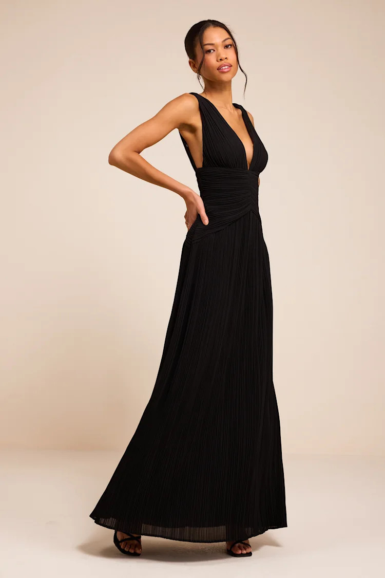 Kelina Black Pleated Drop Waist Maxi Dress | Lulus