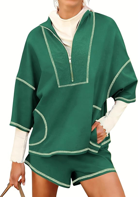 Gozoloma Women's Summer 2 Piece Outfits Contrast Stitching Matching Set- Half-Zip Short Sleeves T... | Amazon (US)