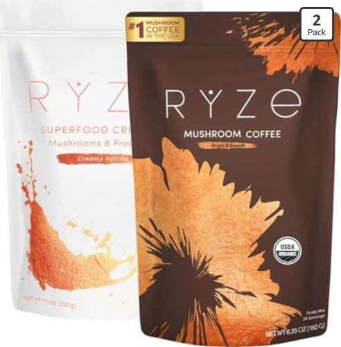 RYZE SUPERFOODS RYZE n Shine Bundle, USDA Organic Mushroom Medium Roast Coffee + Probiotic Coffee... | Amazon (US)