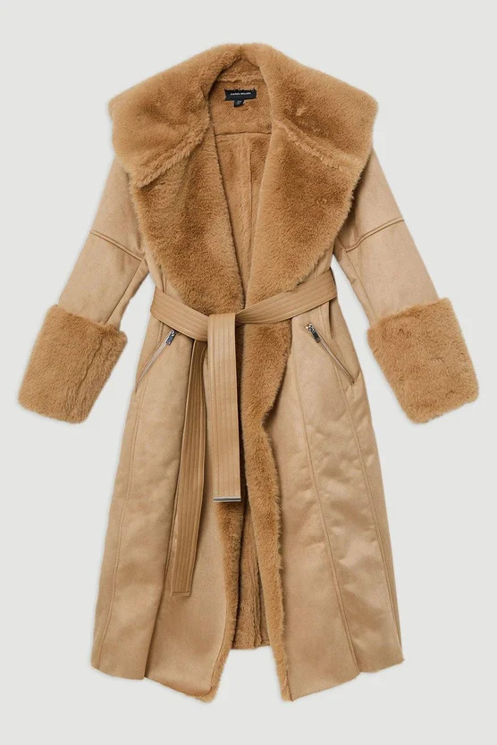 Faux Shearling Collar & Cuff Belted Midi Coat | Karen Millen UK + IE + DE + NL