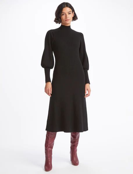 Eva Blouson Sleeve Fit and Flare Merino Knit Dress  -  Black | Cefinn