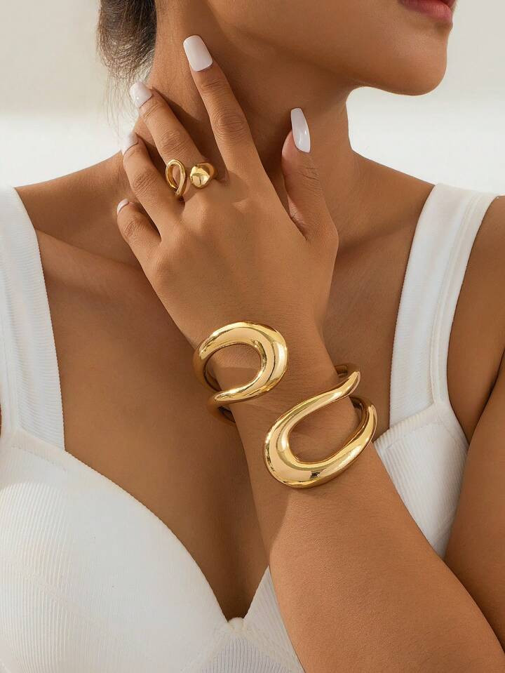 2pcs Chunky Jewelry Creative Exaggerated Metal Teardrop Bracelet & Ring Set For Women, Multifunct... | SHEIN