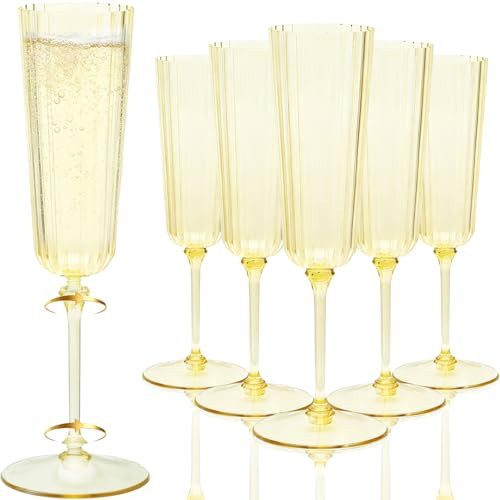 24 Pack Golden Champagne Flutes Plastic, 6oz Stripe Detachable Acrylic Champagne Glasses, Disposable Cocktail Drinking Cups, Reusable Wine Flutes, Cocktail Toasting Glasses for Wedding, Party | Amazon (US)