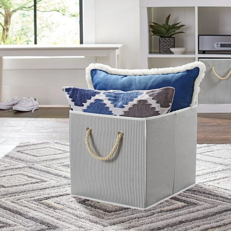 Better Homes & Gardens 12.75" Fabric Cube Storage Bin, Grey Stripe | Walmart (US)