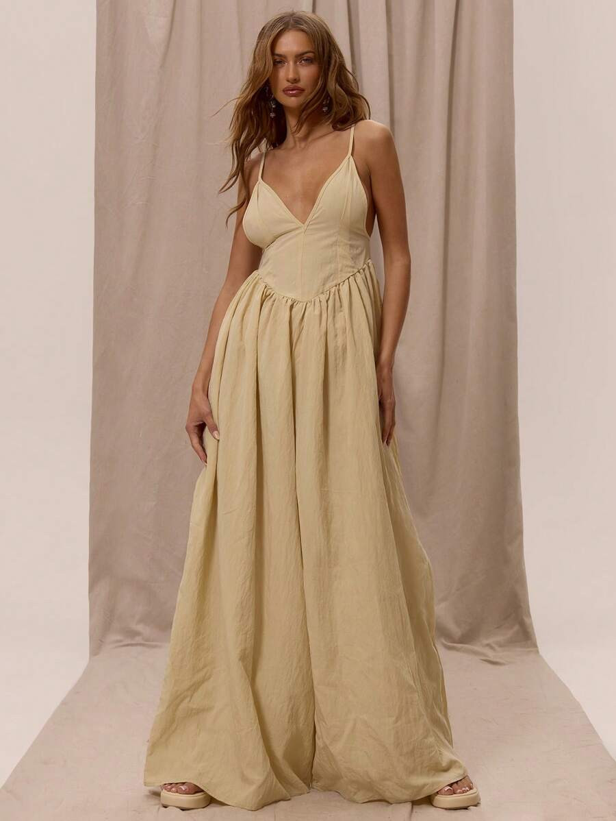 MUSERA Thin Strap Plunge Front Dropped Waist Ruched Wide Leg Jumpsuit Spring Summer Vacation Holi... | SHEIN